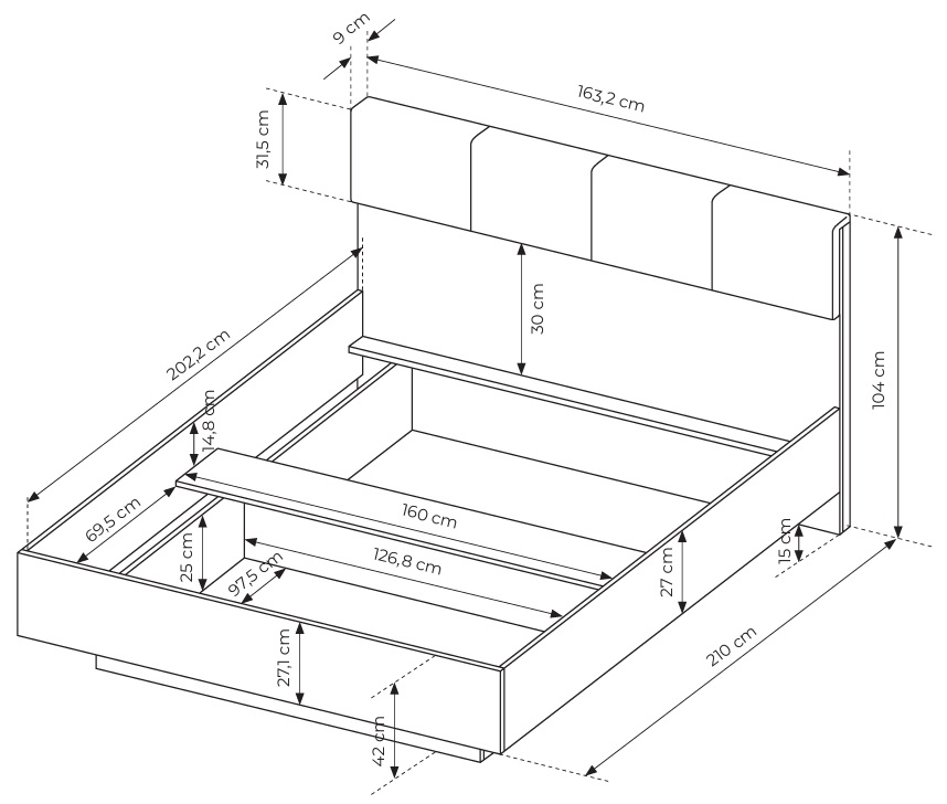 ALLI Łóżko sypialniane 160 z pojemnikiem na pościel i tapicerowanym zagłowiem - zdjęcie produktu